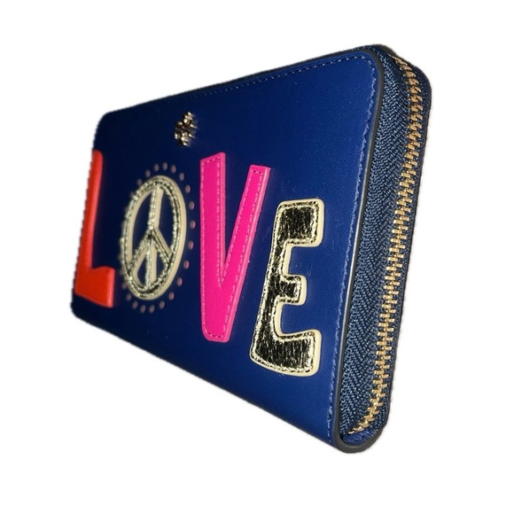 Tory Burch Peace Zip Continental Leather Wallet Navy Sea Retro Love Design - Picture 2 of 12